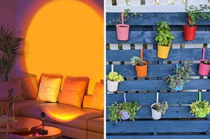 Assorted potted plants on a vertical garden made of blue pallets; a cozy nook with a sofa and mood lighting.
