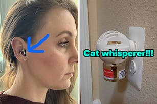 L: a reviewer wearing earplugs, R: a reviewer photo of a plug-in diffuser and text reading "cat whisperer!!!"