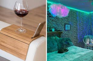 Two separate images: Left shows a couch arm tray with a wine glass, right has a neon-lit bedroom with decorative lightning and plush toys