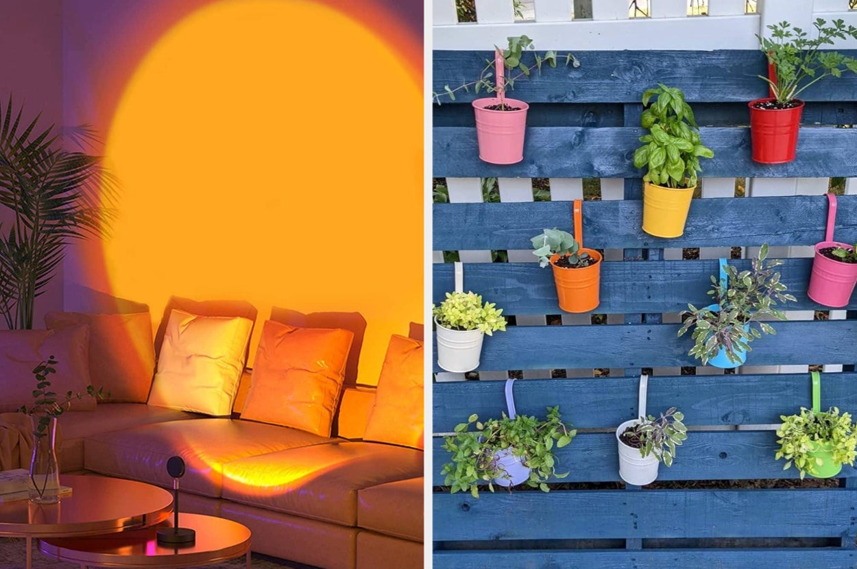 Assorted potted plants on a vertical garden made of blue pallets; a cozy nook with a sofa and mood lighting.
