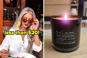 reviewer wearing red cat-eyed sunglasses and jasmine oud and sandalwood candle lit up