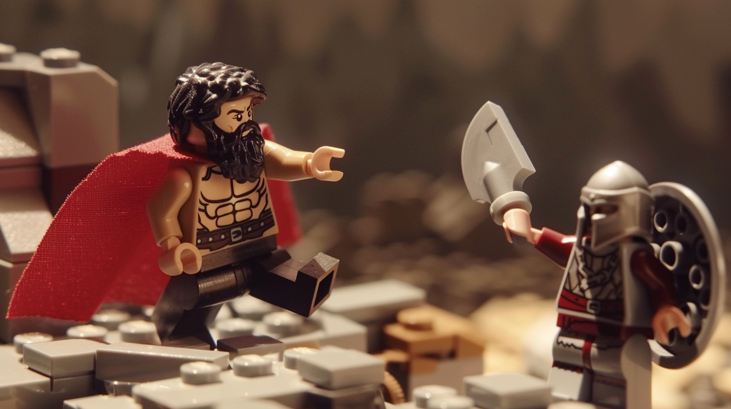 Lego figures resembling Leonidas kicking a soldier Lego figure