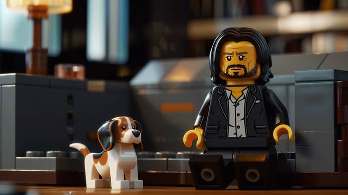 Lego figure resembling John Wick with a dog beside him, set in a brick-built room resembling a scene from the movie