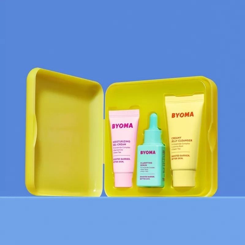 the BYOMA moisturizer, serum and cleaners, which come in a yellow molded plastic kit