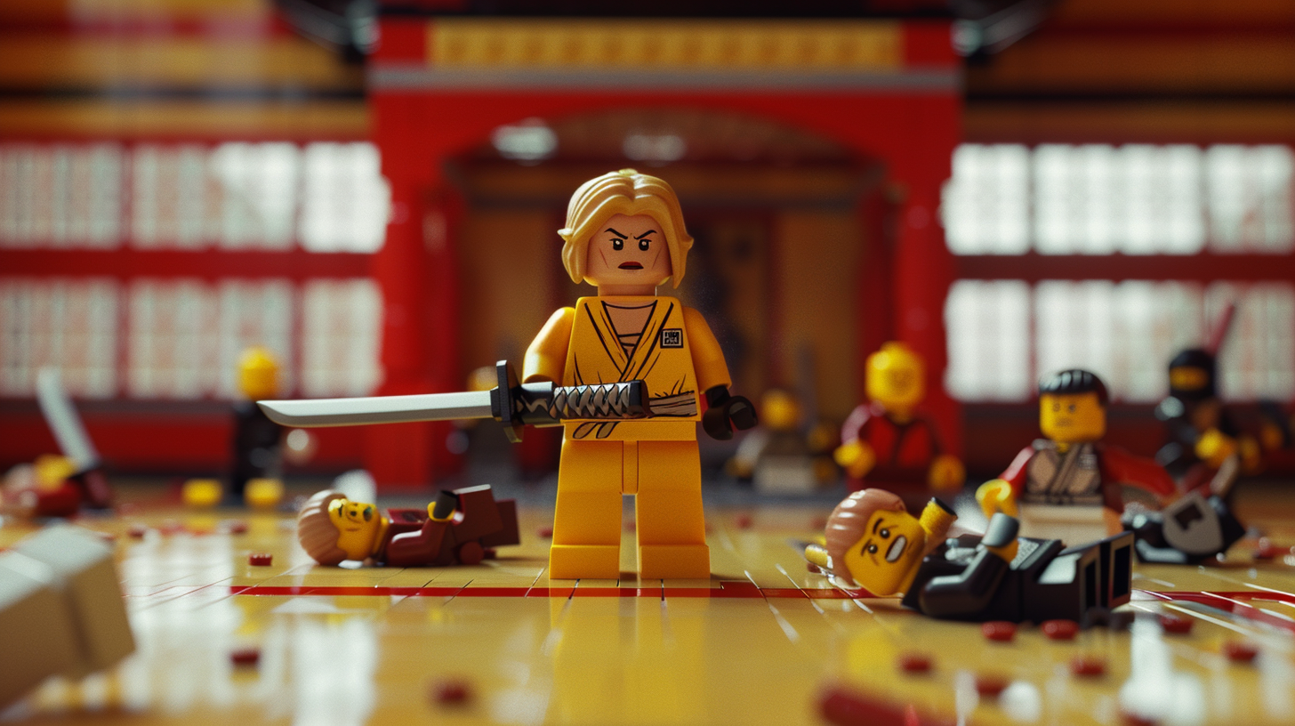 Lego figure in yellow attire holding a samurai sword, surrounded by defeated figures in a dojo setting