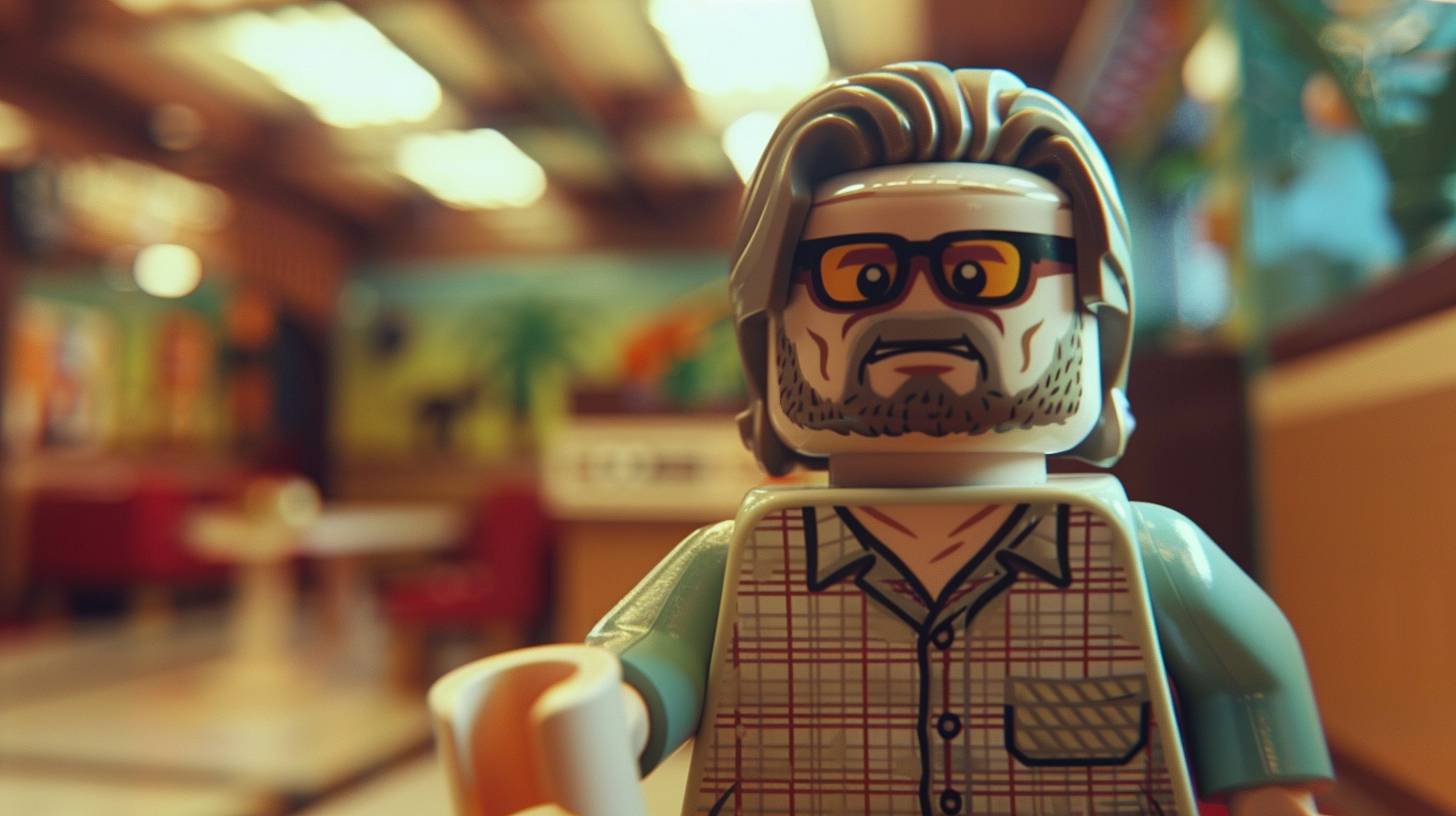 Lego figure resembling an older man with beard and glasses in a bowling alley