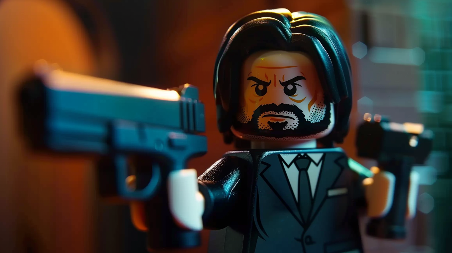 Lego figure resembling John Wick holding two guns with an intense expression