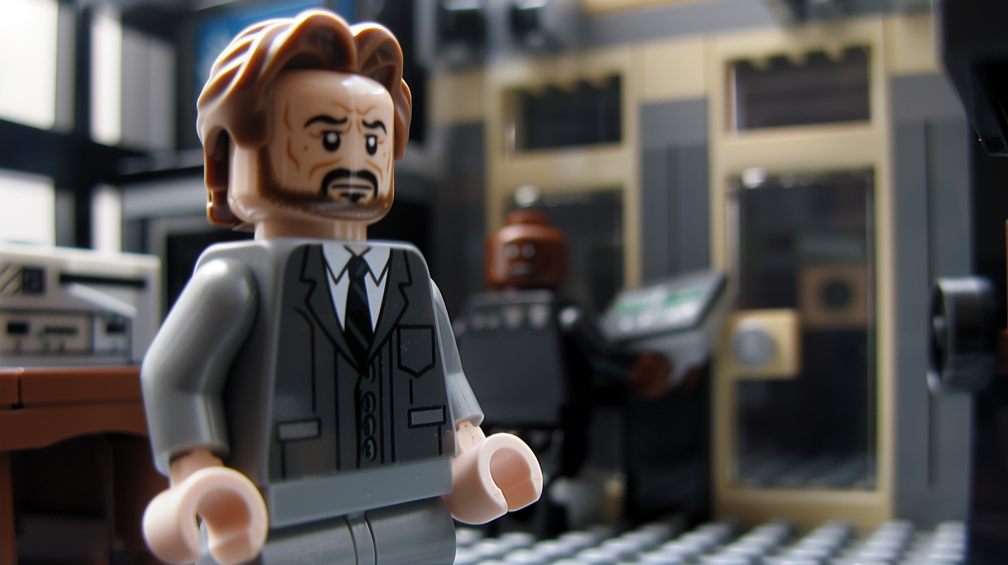 Lego figure resembling Hans Gruber stands in an office building safe room with a hacker behind him