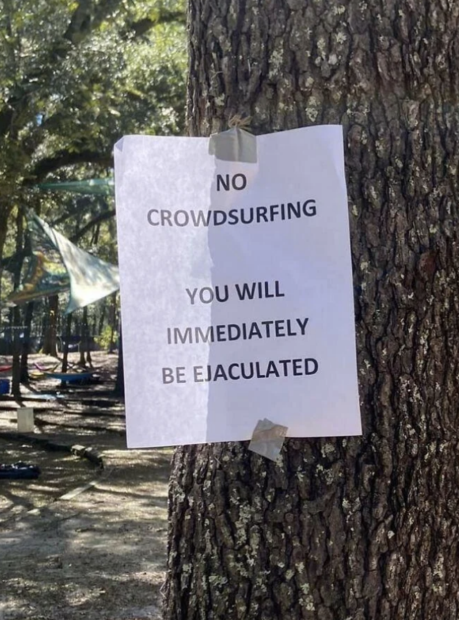 Sign on tree reads: &quot;NO CROWDSURFING YOU WILL IMMEDIATELY BE EJACULATED&quot; with a playground in the background