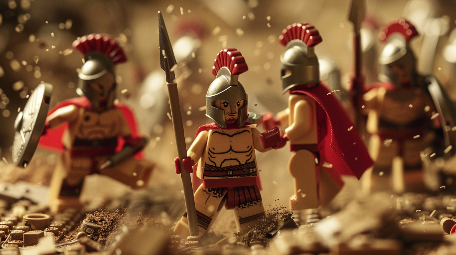 Lego minifigures dressed as Spartan soldiers with helmets and capes in a staged battle scene