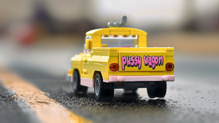 Lego truck on a road with the text "Pussy Wagon" on the rear liftgate