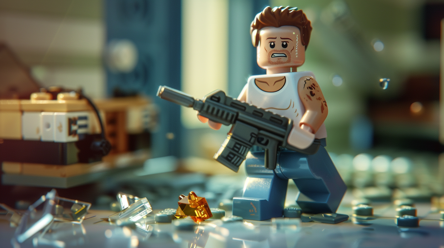 Lego figure resembling John McClane with a distressed expression holding a weapon, surrounded by shattered pieces
