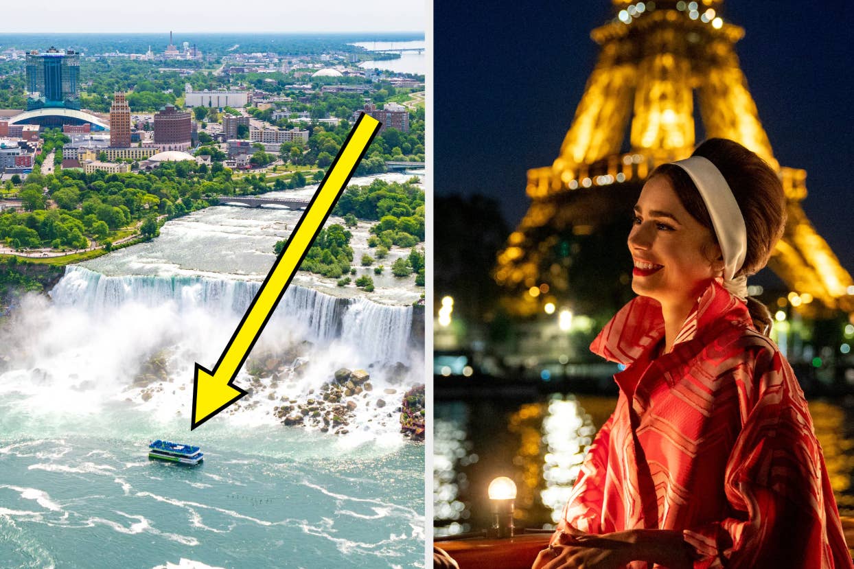 Two images: Left shows Niagara Falls; right features a smiling woman in a patterned jacket at night with Eiffel Tower backdrop