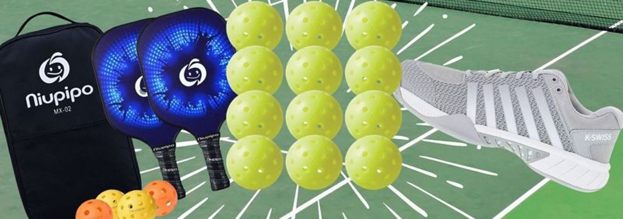Pickleball paddles, balls, carrying case, and Pickleball-style sneakers