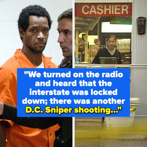Man escorted by officer; split image with crime scene, quote on D.C. Sniper event