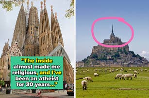 Left: La Sagrada Familia cathedral. Right: Mont Saint-Michel with circled landmark, sheep in foreground. Text: A visitor's profound experience quote