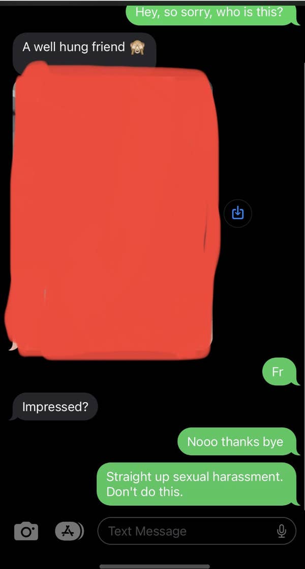 A text conversation where someone reacts to an inappropriate message by discouraging sexual harassment