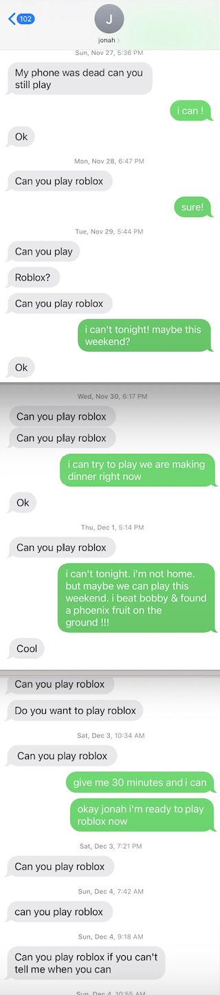 Text message conversation about playing Roblox at various times, with scheduling conflicts and eventual agreement