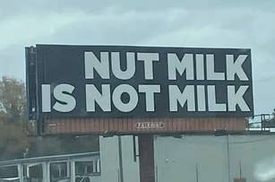 Billboard stating "NUT MILK IS NOT MILK" alongside a road