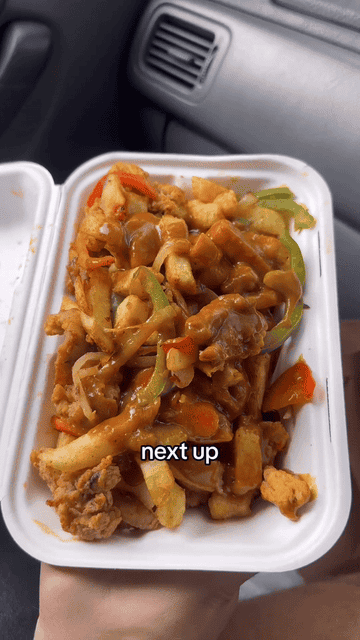 Takeaway container with chicken and vegetables. Text overlay: &quot;next up&quot;