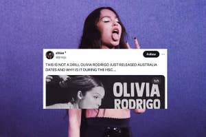 Olivia Rodrigo in a black top, reacting excitedly with a social media post about her Australia tour dates overlapping with HSC