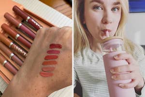 on the left swatched lipsticks, on the right a glass tumbler with a straw