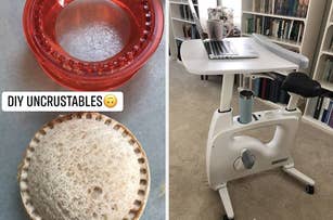on the left a homemade uncrustable sandwich and on the right, a desk exercise bike