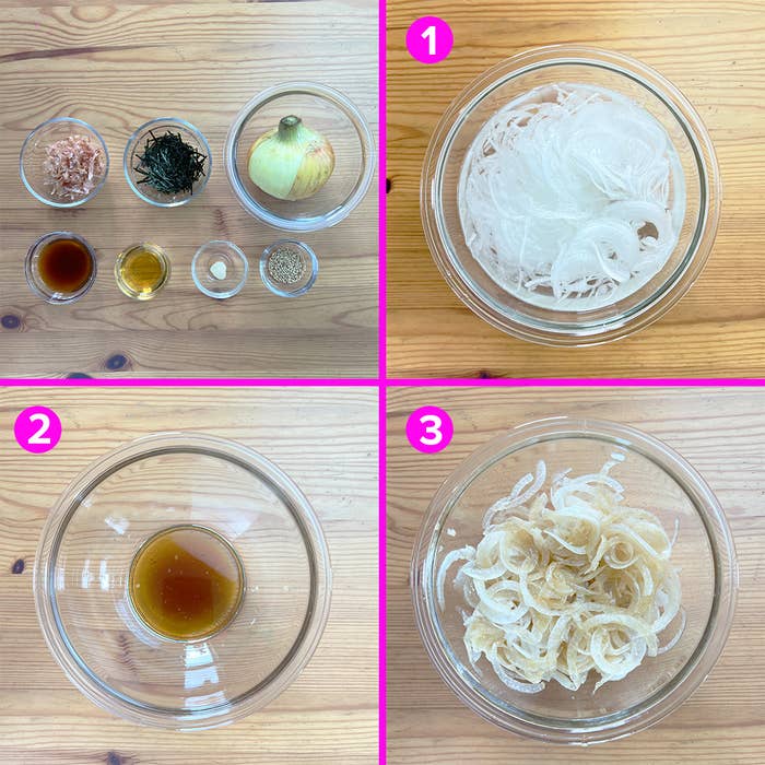 調理手順を示す4枚の写真。上段左に食材、右にガラスボウルに入った新玉ねぎ。下段左に調味料、右にスライスした新玉ねぎと調味料が混ざっている。