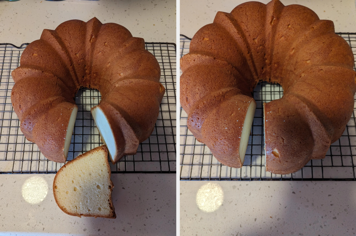 A bundt cake on a cooling rack, one slice removed from the cake on the left and placed in front
