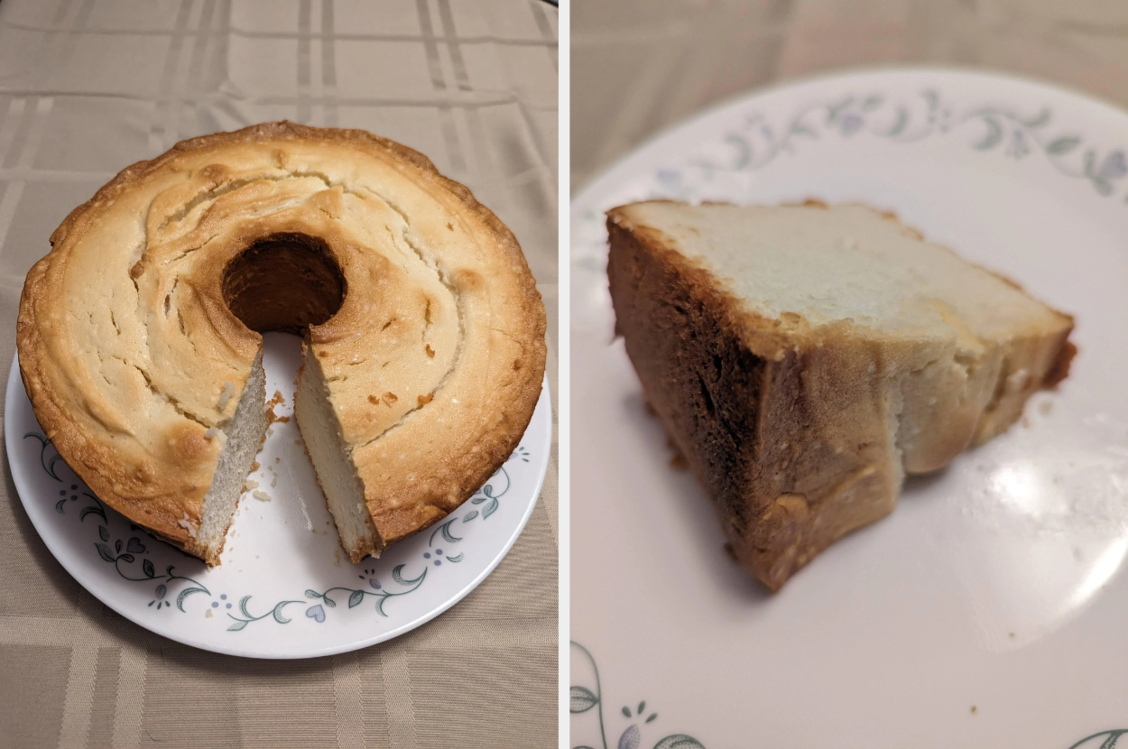 A bundt cake on a plate with a slice removed, next to a plate with the single slice