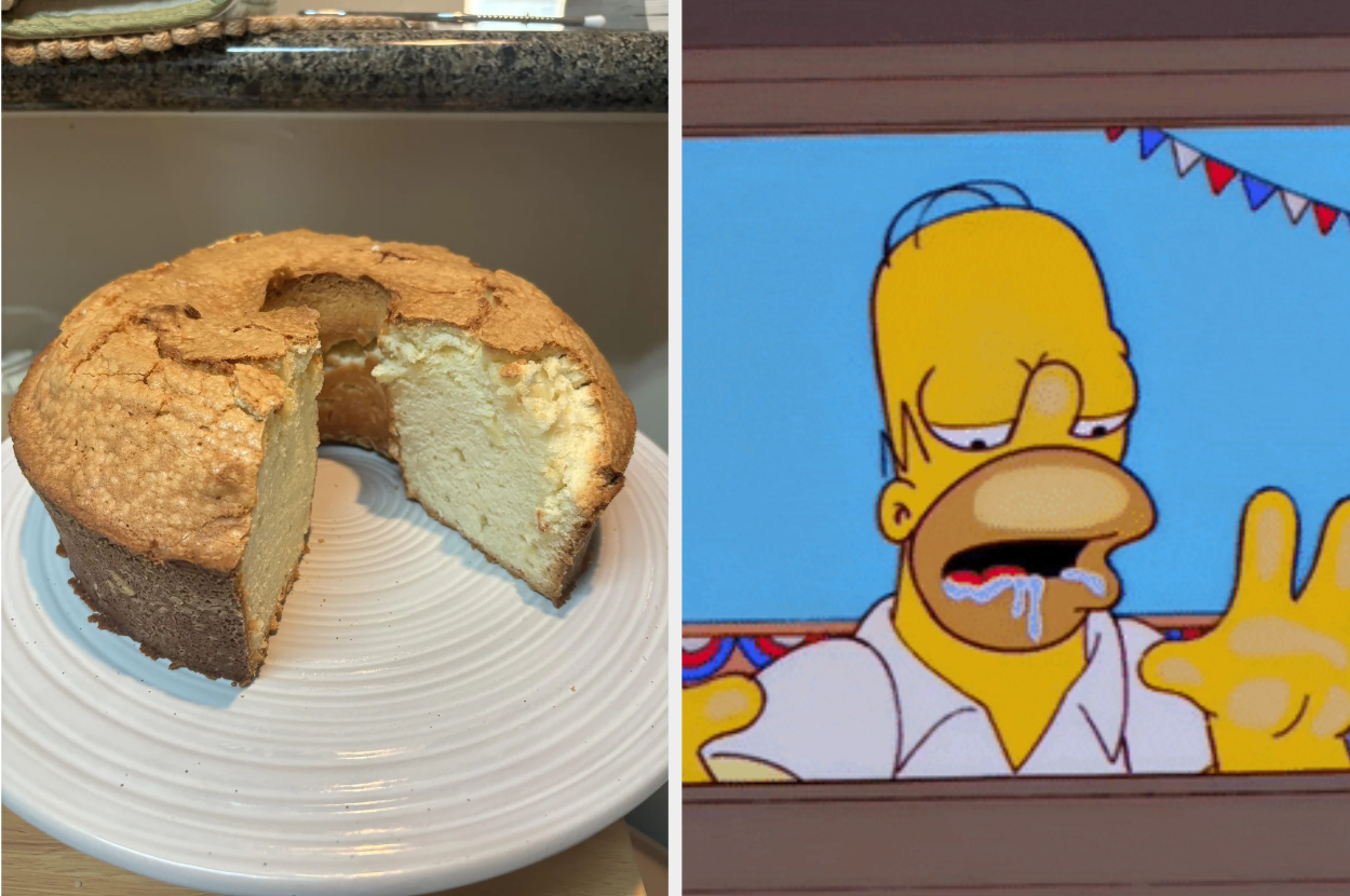 Left: A sliced plain cheesecake on a plate. Right: Homer Simpson drooling