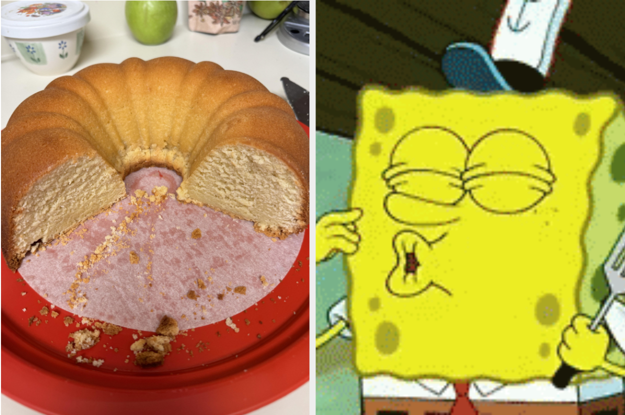 A sliced pound cake on a plate and SpongeBob SquarePants looking confused with a pencil
