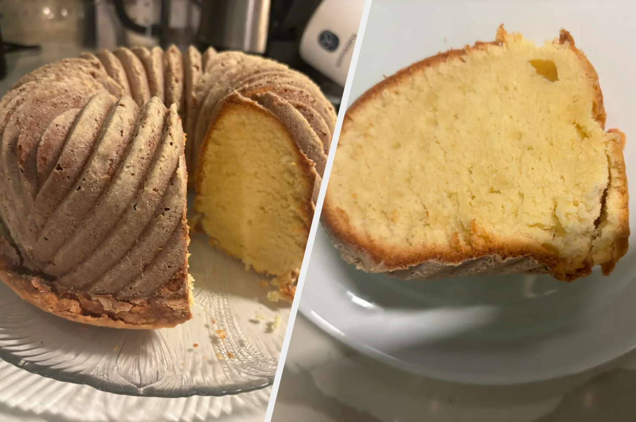 Bundt cake with a slice removed, showing the texture of the inside on a plate