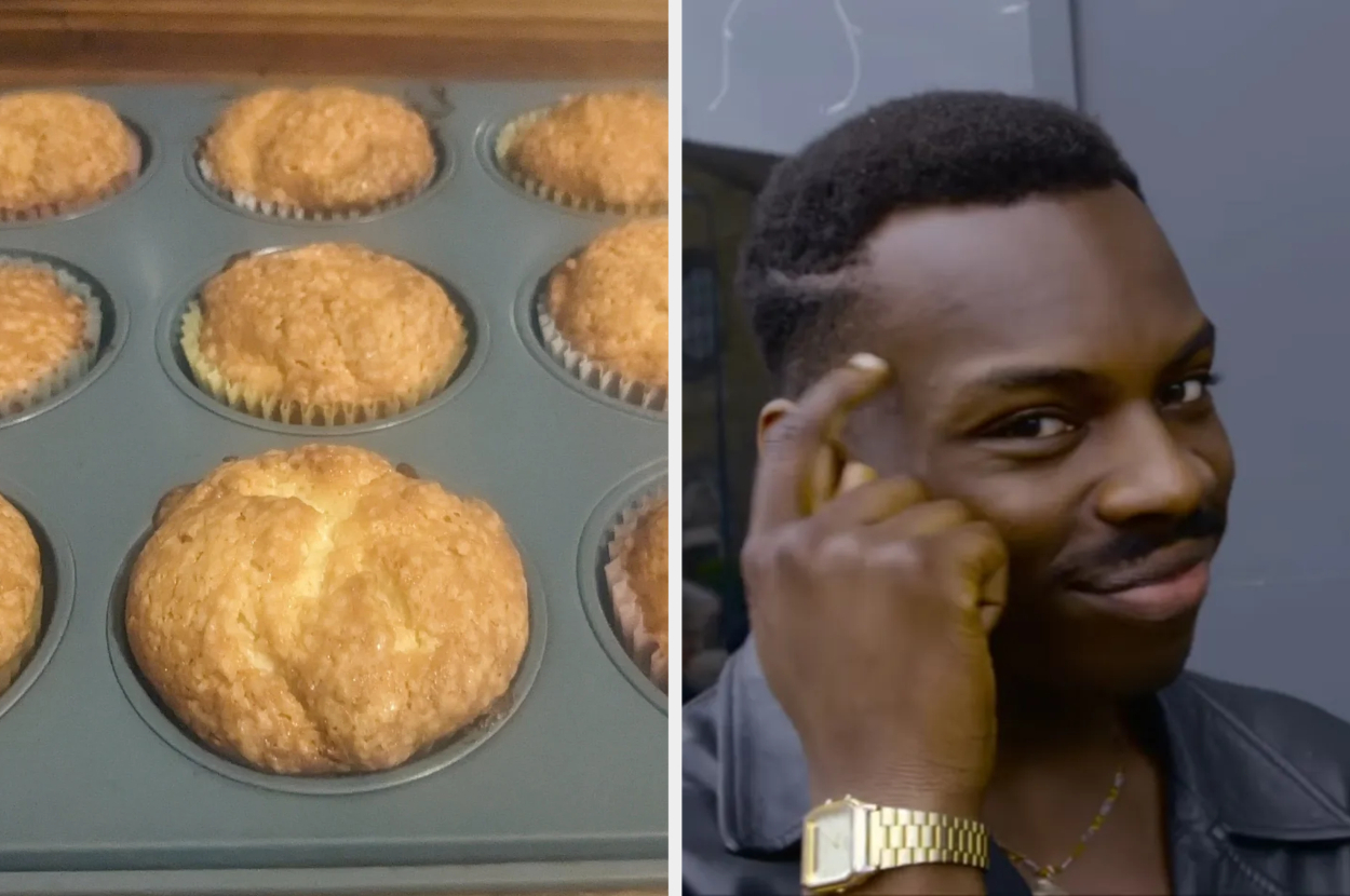 Muffins in a baking tray; man pointing to his head with a knowing smile