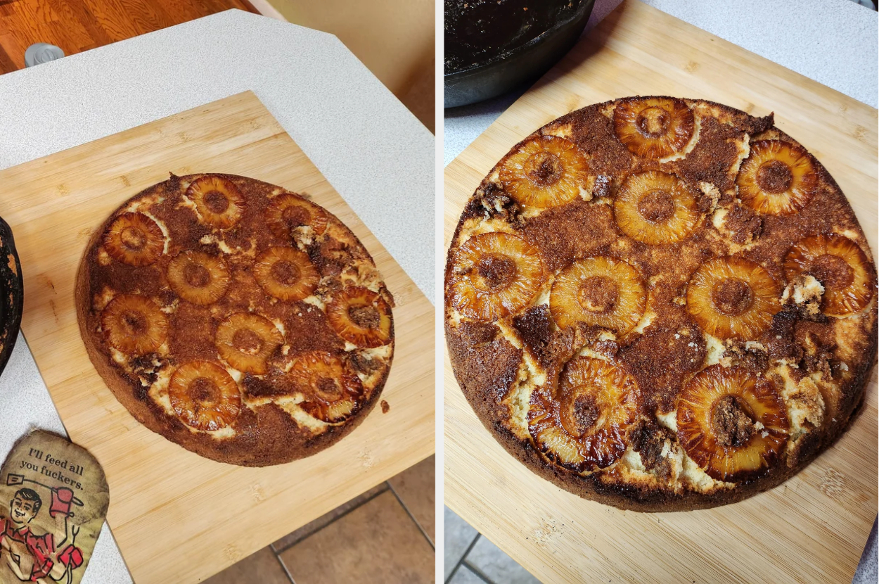 Pineapple upside-down cake on a cutting board, next to a pan