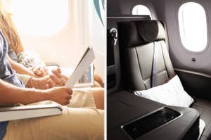 旅客機の中で、左側は人がタブレットを使用していて、右側は空席のビジネスクラスシートが見えます。