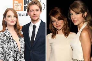 Two side-by-side photos: LEFT shows Emma Stone and Joe Alwyn; RIGHT features Emma Stone and Taylor Swift at events. Emma in stylish attire