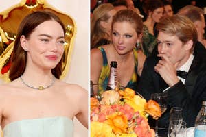 Two separate images. Left: A woman in a strapless outfit with a necklace. Right: A woman in a sequined dress talking to a man in a suit at an event