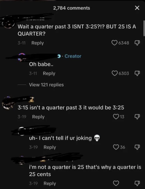 Screenshot of social media comments discussing confusion over the time "quarter past 3," with various users debating and joking about it
