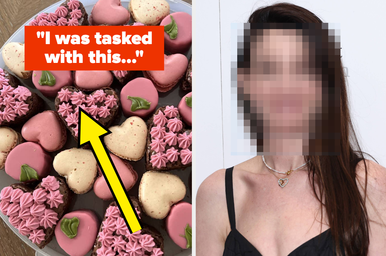 A plate of heart-shaped and flower-like iced cookies with a pixelated image of a person in a black dress