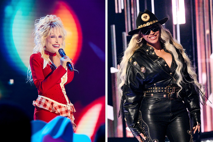 Dolly Parton is singing into a microphone, wearing a red and white outfit. Beyoncé is wearing a black leather outfit with gold details, sunglasses, and a black hat