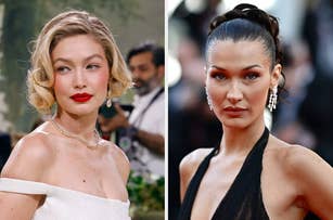 Gigi Hadid in an off-the-shoulder white gown and Bella Hadid in a plunging black dress at a red carpet event