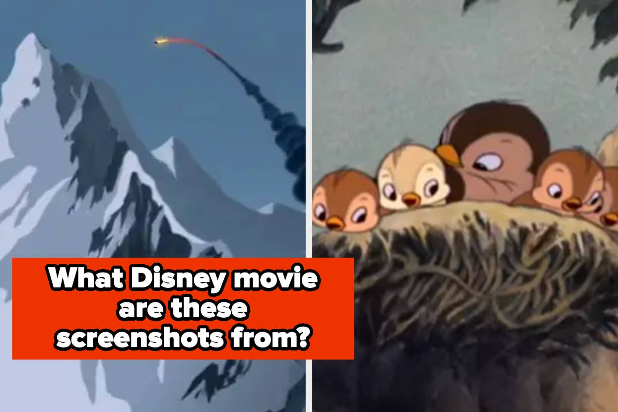 Split image. Left: scene from Disney's "Mulan" showing a firework signal. Right: scene from Disney's "Bambi" showing quail chicks in a nest. Text asks which Disney movie these screenshots are from