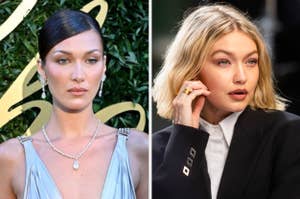 Bella Hadid in an elegant gown with jewelry on a red carpet; Gigi Hadid in a chic blazer, hand near her face