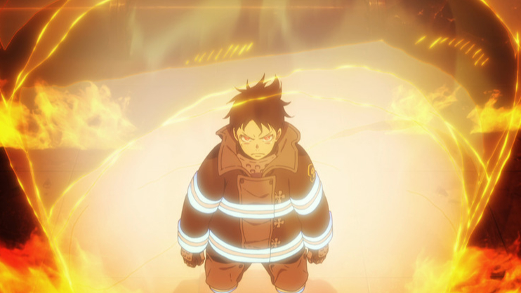 Anime character Shinra Kusakabe from "Fire Force" stands in a fire suit surrounded by flames, looking determined