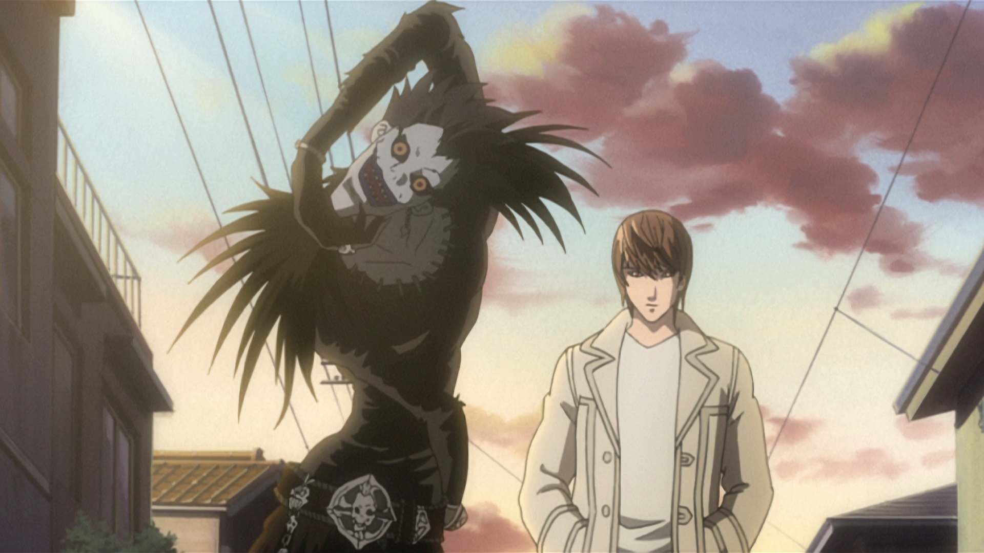 Ryuk, a shinigami with wings, stands next to Light Yagami wearing a coat, from the TV show "Death Note," walking under power lines at sunset