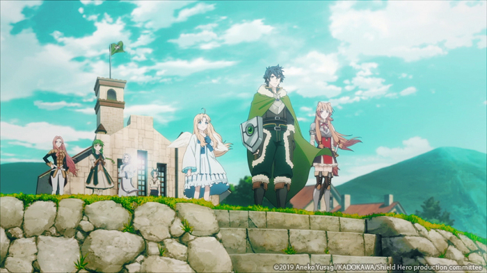 Characters from "The Rising of the Shield Hero," including Naofumi Iwatani, Raphtalia, Filo, Melty, and others, stand on a stone wall overlooking a scenic landscape