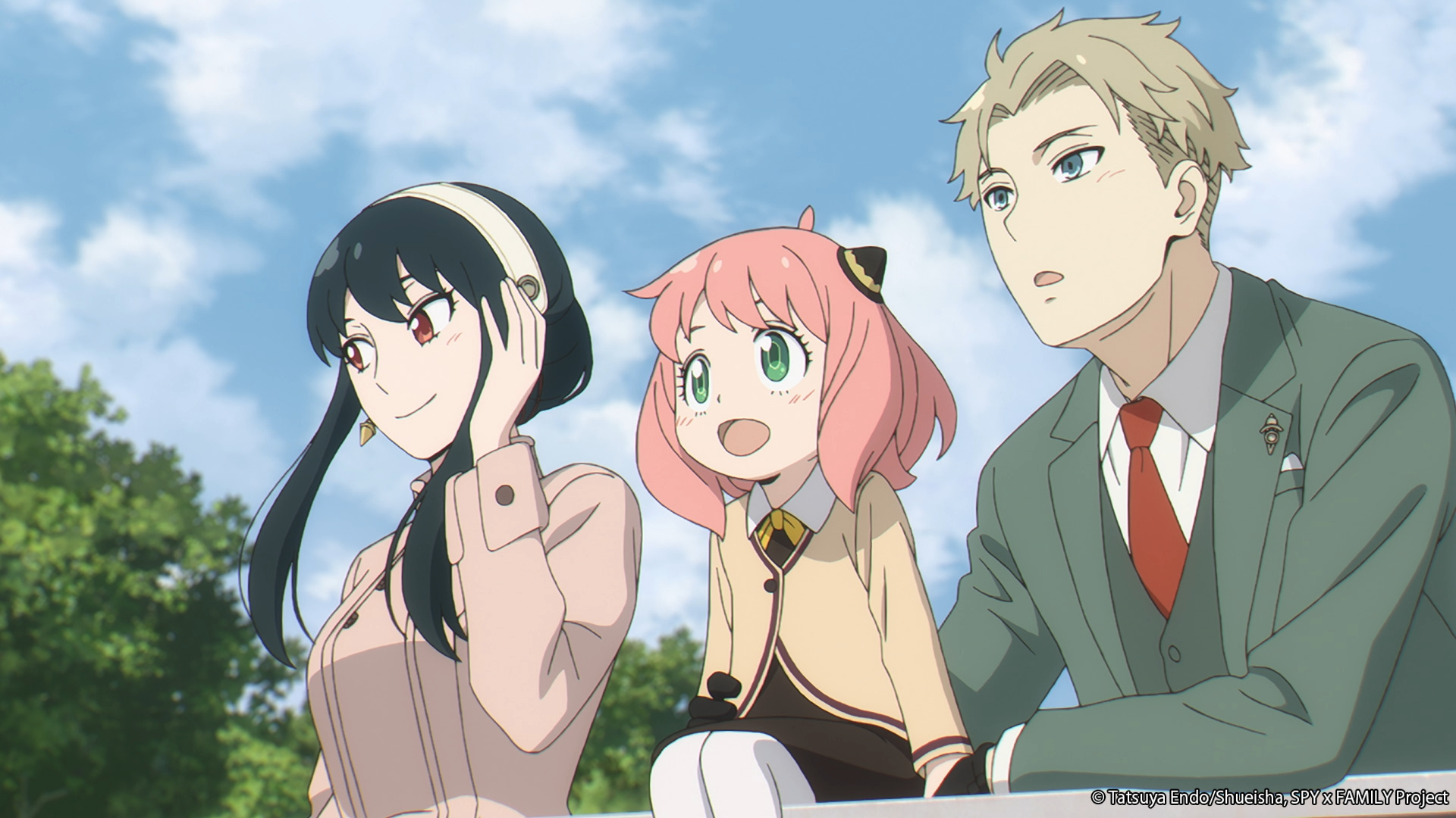Yor Forger, Anya Forger, and Loid Forger from Spy x Family are sitting together outdoors, looking at something in the distance