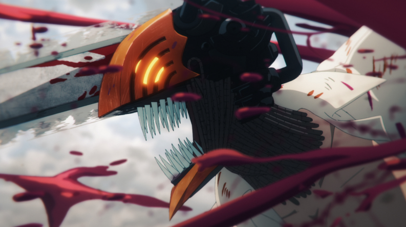 The animated character Chainsaw Man from the TV series "Chainsaw Man" is shown mid-action with a chainsaw head and blade, surrounded by splattered blood