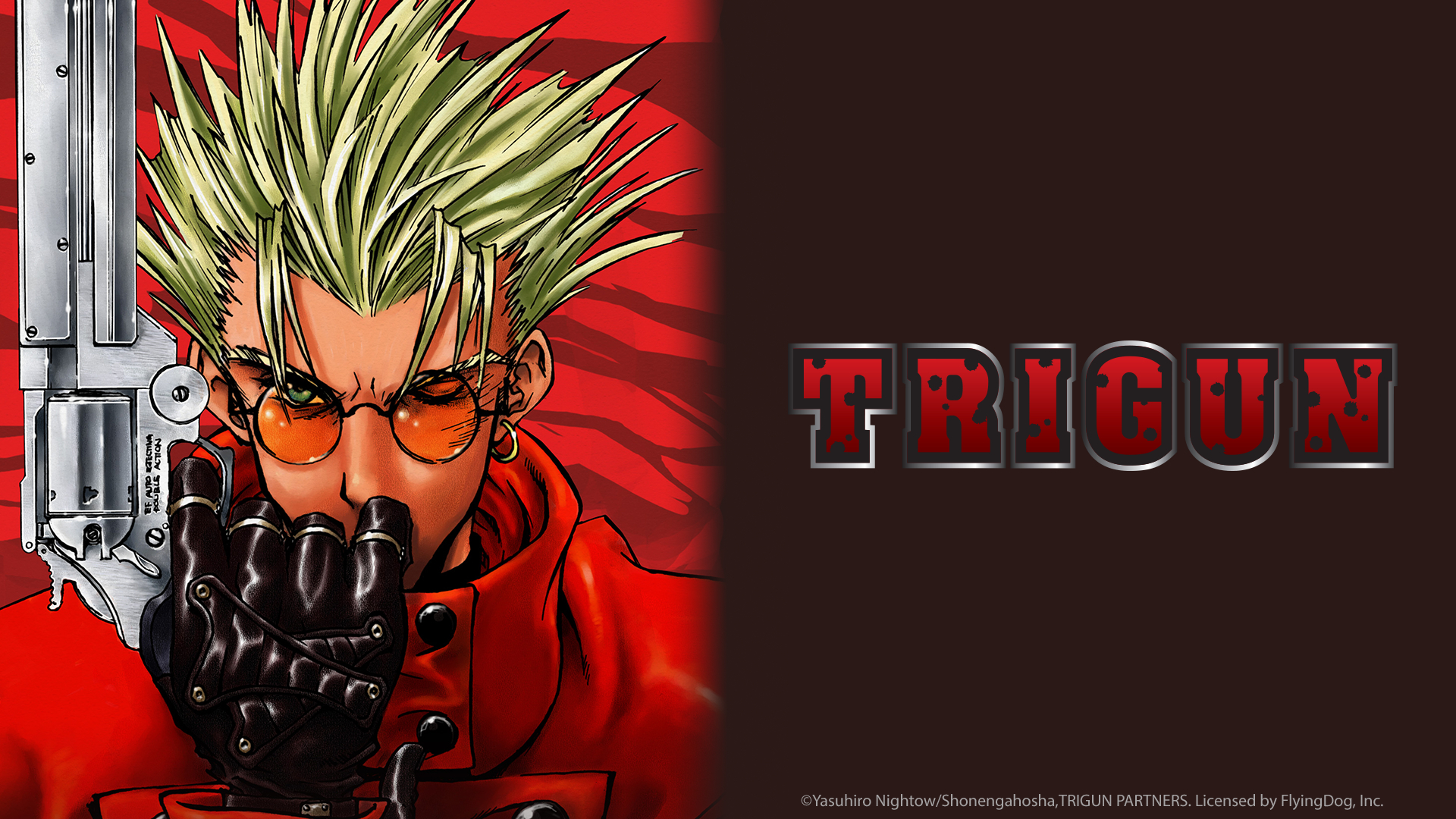 Vash the Stampede from Trigun holding a large revolver and wearing orange sunglasses and a red coat. The text "TRIGUN" is displayed beside him